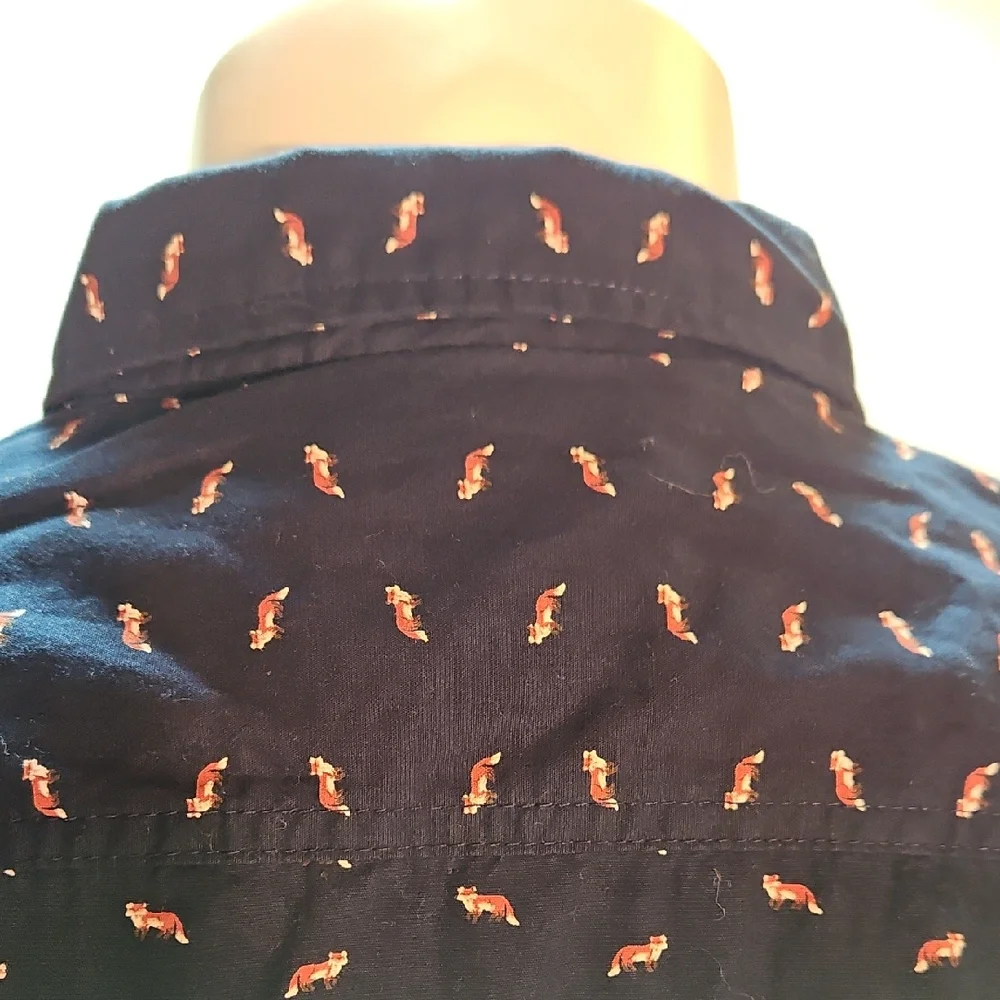 Denim & Flower Navy Blue Fox Print Slim Fit Button Down Shirt